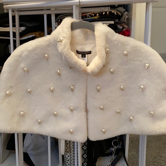 Alberto Makali Sweaters - Pearl and rhinestone faux Fur shoulder shawl